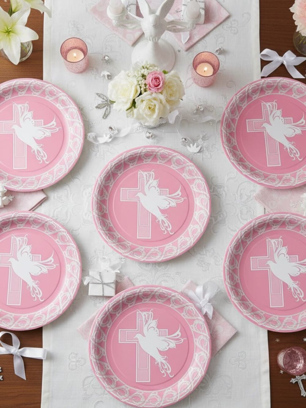 8ct Pink Religious Dinner Plates - Dove & Cross Baptism / Communion Decor